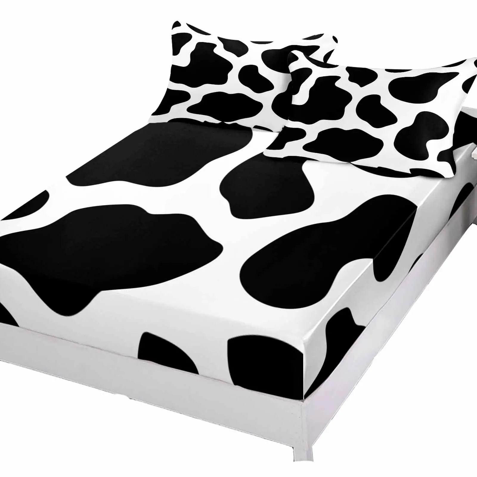 Cow Pattern Black And White Love Spot Cartoon Bed Mattress Fitted sheet Elastic Rubber Band Non-slip Bed Sheet Pillowcase Set