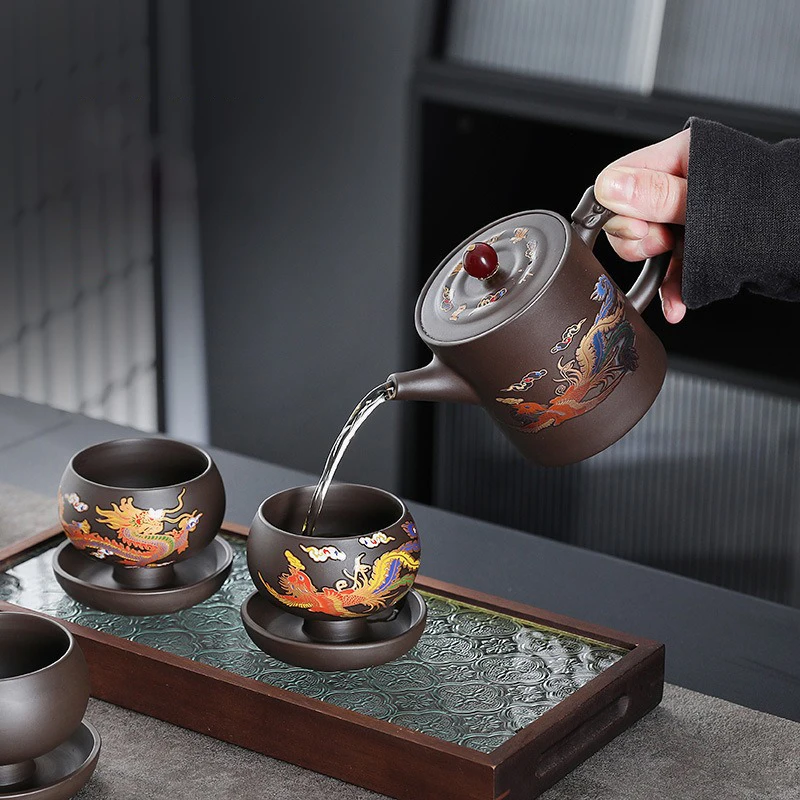 Origine cinese che cambia calore drago e fenice Xishi Pot Purple Clay Pot Pure Semi Handmade Kung Fu Tea Set teiera