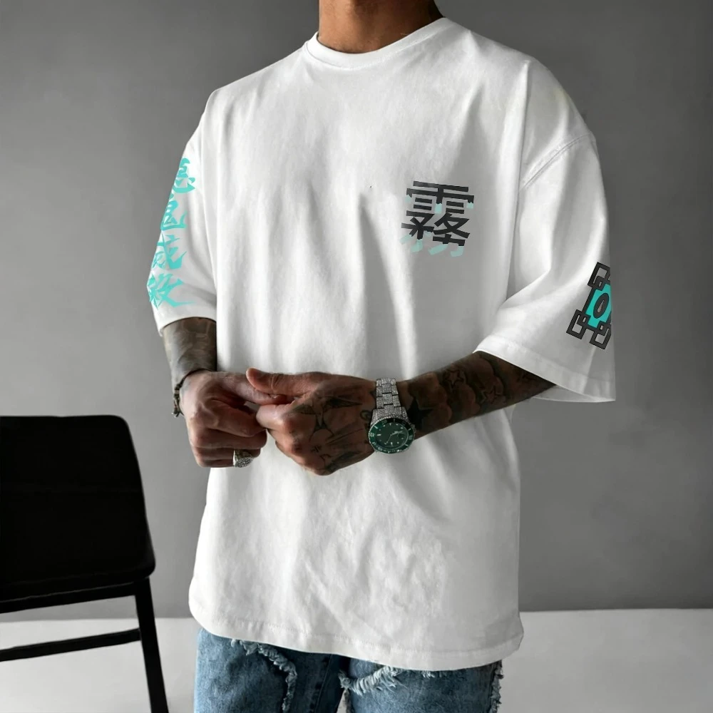 Camiseta masculina demon slayer muichiro tokito verão anime camiseta primavera e outono menino personalidade de manga curta pai-filho wear