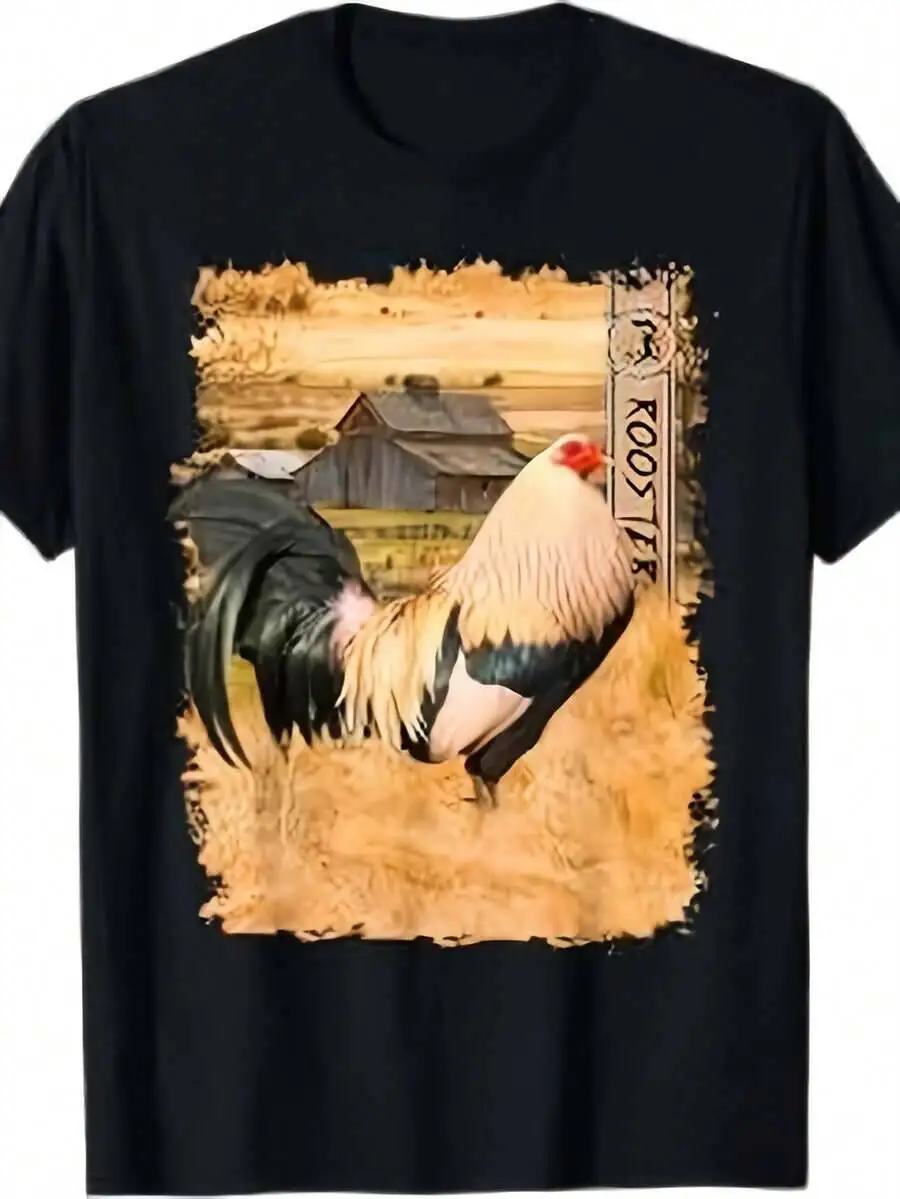 Men's Vintage Print T-Shirt - Short Sleeve Crew Neck Shirt With Black/Colorful Rooster Design, All-Season 100% Cotton Trendy Y2K