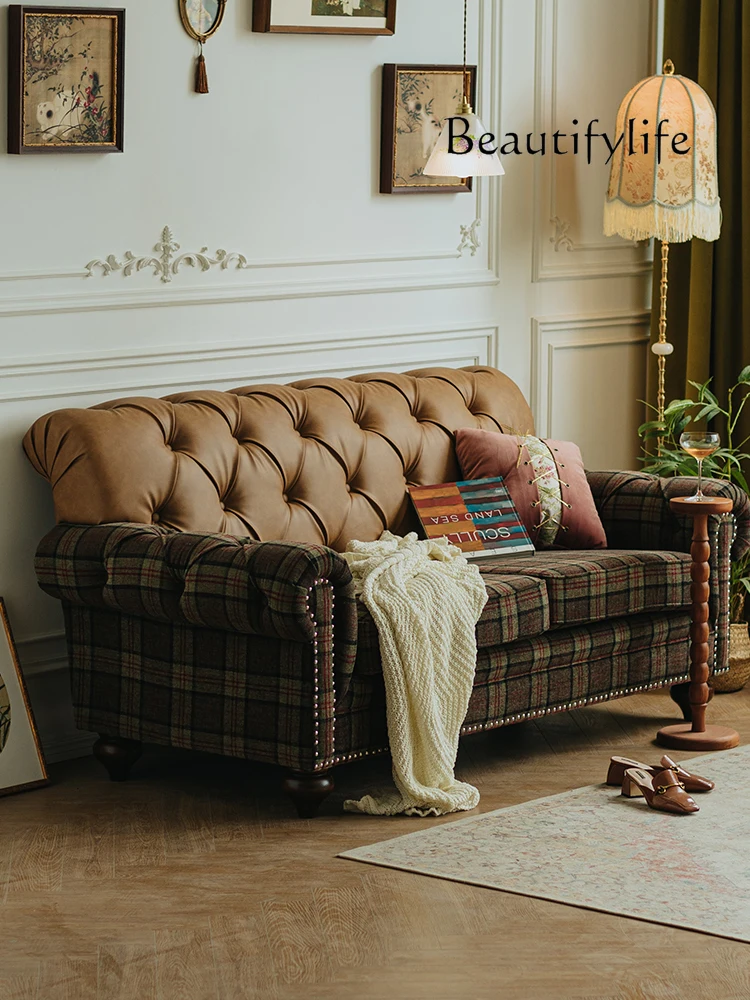 

American retro fabric sofa English ecological leather French light luxury three-person sofa straight row