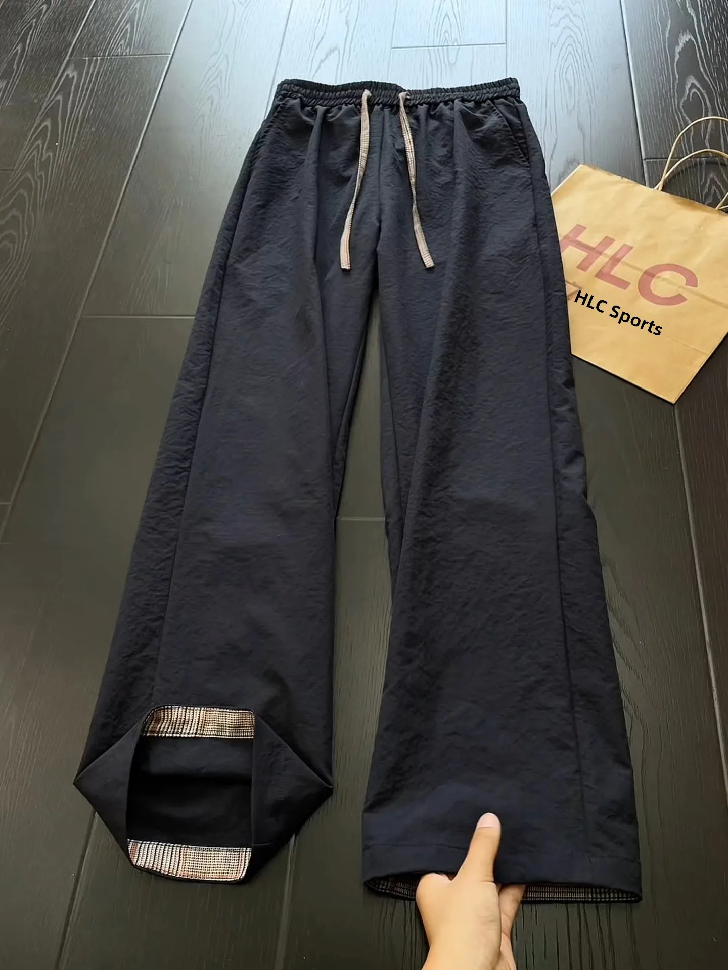 American Style Ice Silk Casual Pants Men's Summer Quick Dry Plaid Patchwork Micro Flared Straight Leg Sporty Trousers