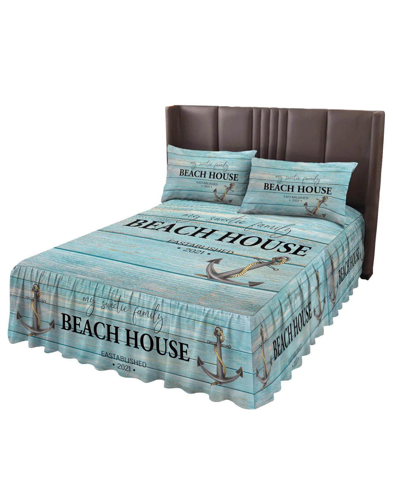 Wood Grain Anchor Beach House Bed Skirt Elastic Fitted Bedspread With Pillowcases Mattress Cover Bedding Set Bed Sheet