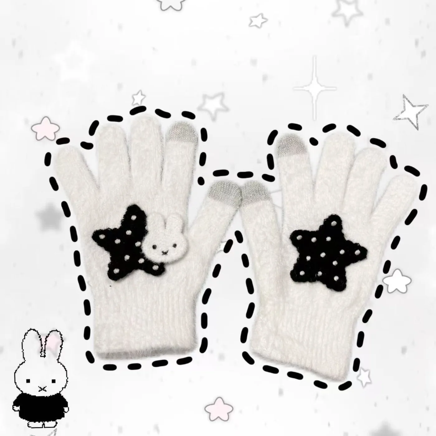 Miffy Bunny Winter Touchscreen Gloves Cute Star Decor Knitted Full Finger Gloves Soft Warm Anti-slip Girls Outdoor Daily Wear