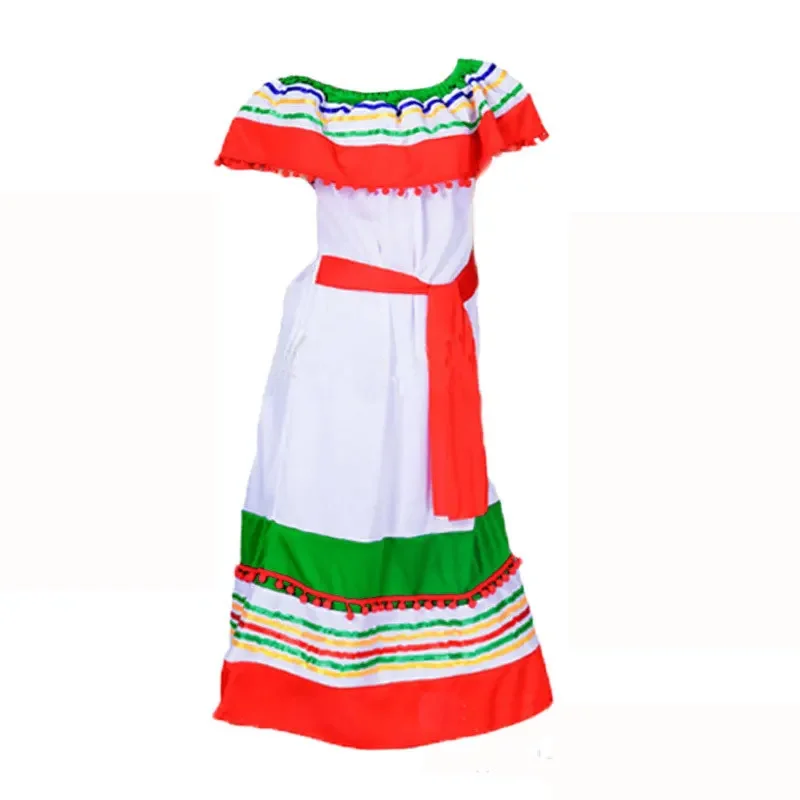 Girls Children Halloween Stripe Mexico Costume Dress Cape Straw Hat Spanish Mexican Poncho Cosplay Clothes