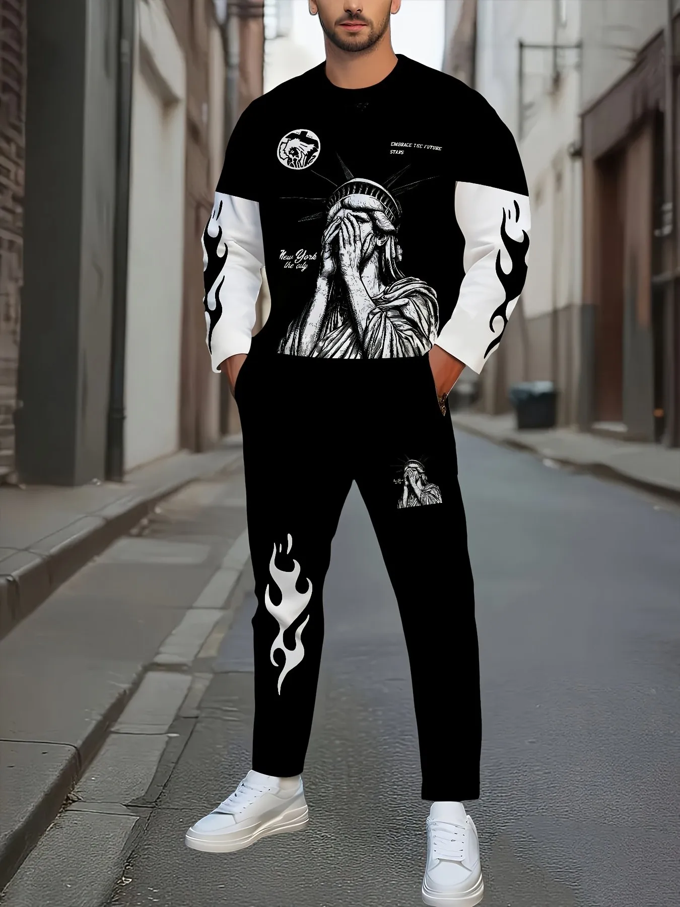 Conjunto de Pantalones y Camisa de Manga Larga para Hombre, Otoño 2026, Estilo Casual Urbano, Suave y Cómodo, con Estampado de Ángel en 3D