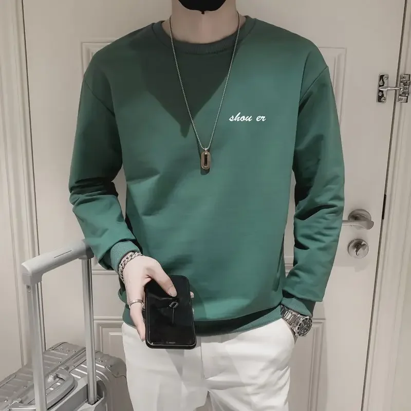 

Male Clothes Round Neck Pullover T-shirt Sweatshirt for Men Crewneck Green Hoodieless Top Solid Welcome Deal Harajuku Fashion S