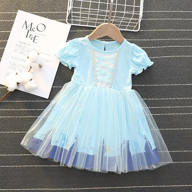 New Summer Baby Girl Dress Mesh Bubble Sleeves Cinderella Elsa Mermaid Belle Princess Dress  Halloween Dress Q15