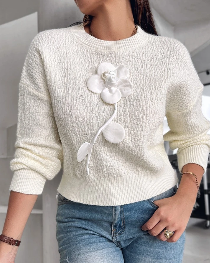 Women's Sweater Tops Pullover Loose Casual Solid 3D Floral Pattern Rhinestone Pearls Decor Round Neck Long Sleeve Knit Sweater