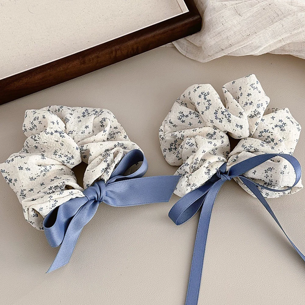 Korean Blue Floral Large Intestine Scrunchies Bow Ribbons Elastic Hair Ties Ponytail Holder Hair Rope Hair Accessories Headband