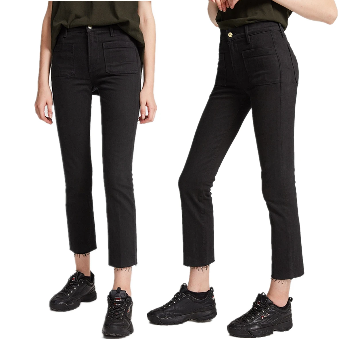 Withered 2025 Spring/Summer Minimalist Jeans With Double Pockets Black High Waist Cropped Denim Pants Jeans For Women