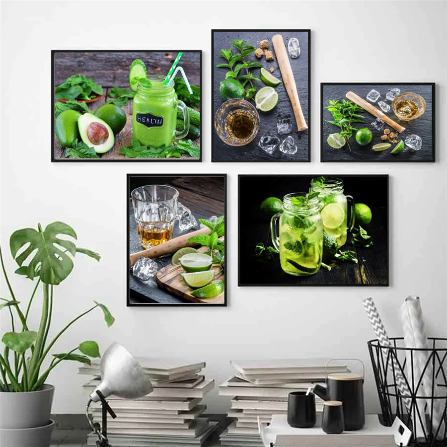 Fruit Picture Canvas Posters and Print Green Lemon Ice Tea Fruits Juicy Modular Art Nordic Diner Decorative Print Kitchen Room