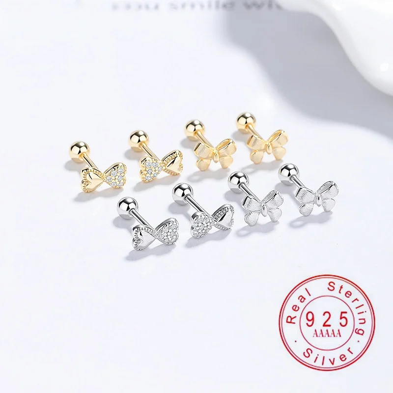 

S925 Sterling Silver Bow Stud Earrings, Cubic Zirconia Screw Back Cartilage Piercing Earrings, Minimalist Jewelry Gift