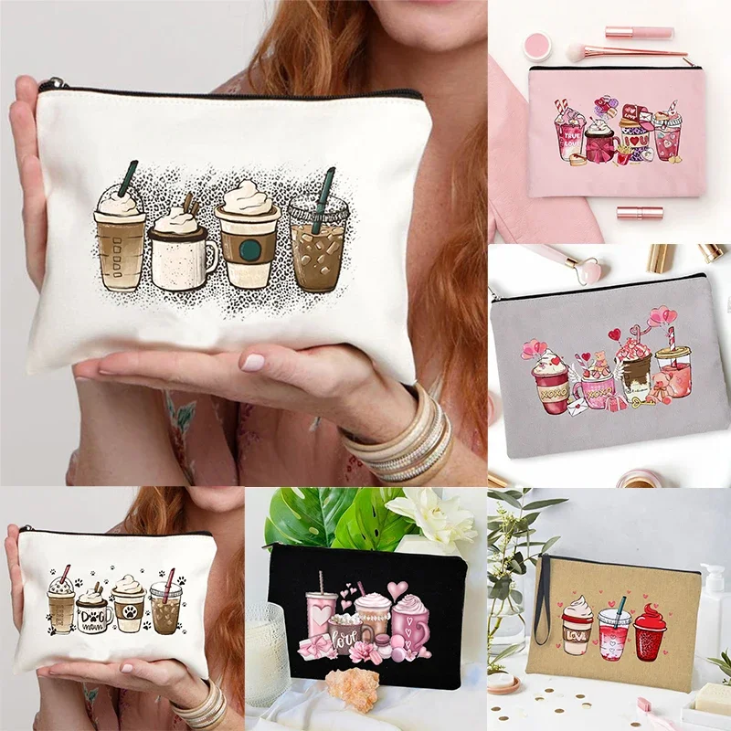 Coffee Pattern Travel Cosmetic Bag Portable Makeup Storage Pouch Luxury Brand Pattern Summer Beach Cosmetic Pockets Gift for Her