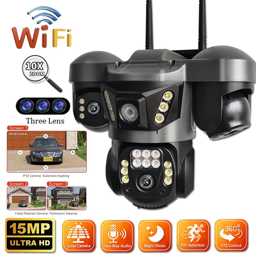 

15MP WiFi IP Camera Outdoor Triple Lens Triple Screens Security Video Monitor Night Vision Waterproof PTZ CCTV V380 Pro Cameras