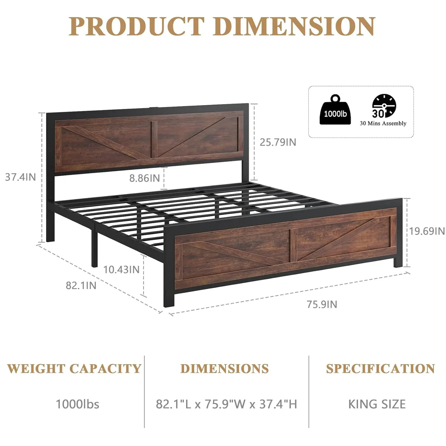 Led Bed Frame King Size with USB Charging Station, Industrial Platform Bed Frame with Farmhouse Barn Door, Customized