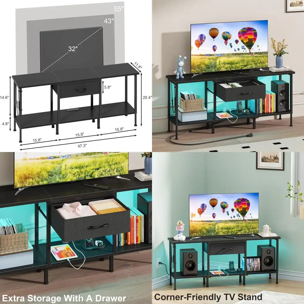 

Black 47 Entertainment Center with Fabric Drawer, Power Outlet for 55-45 TVs