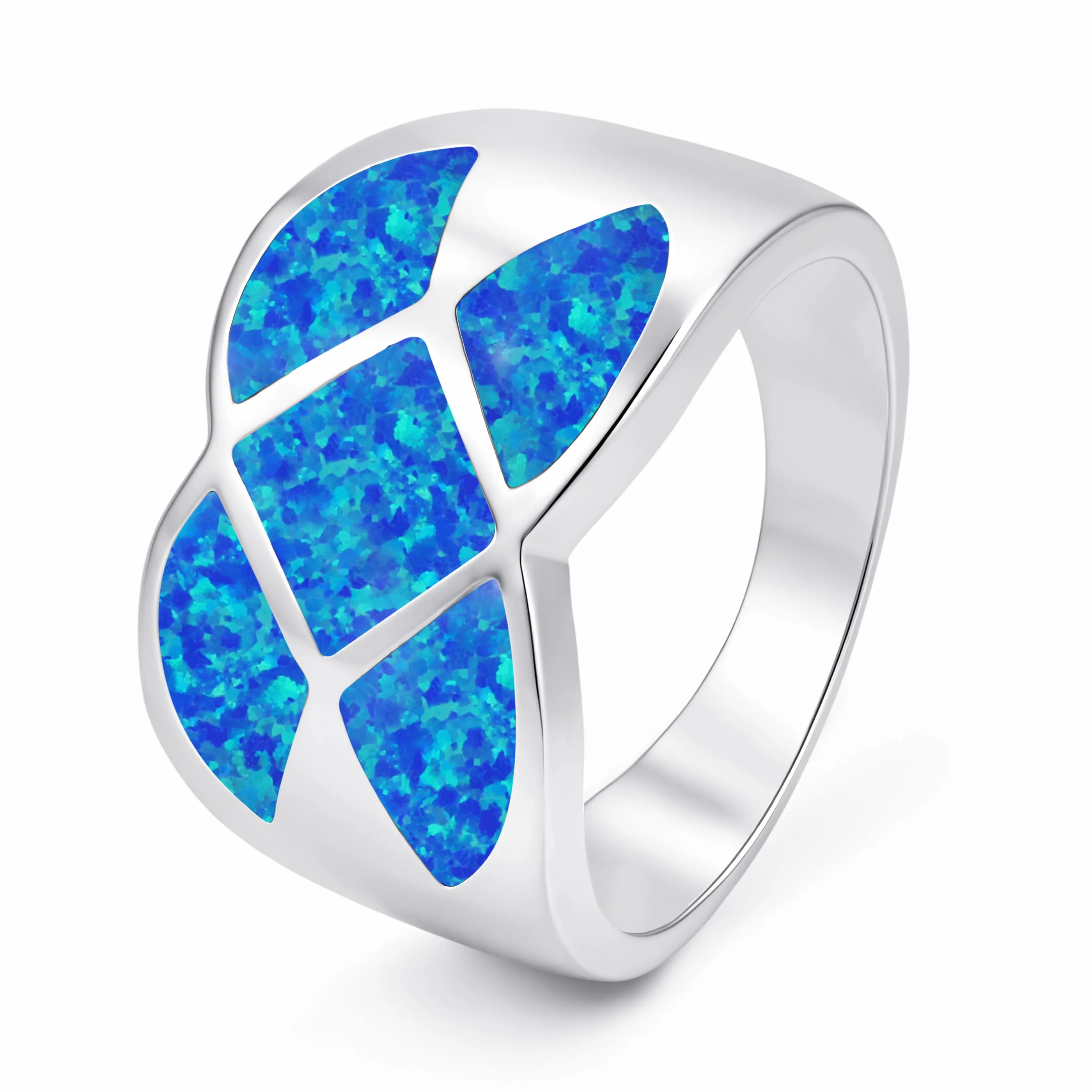 Modern Wide Band Blue Opal Geometric Patchwork Ring Multi Block Split Design Bold Unisex Finger Jewelry Daily Work Party Gift
