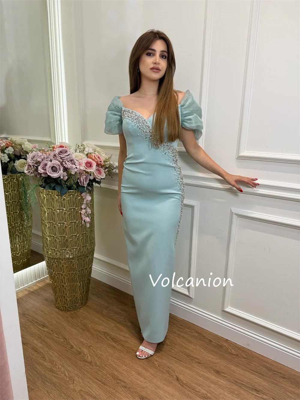 カスタマイズされたファッションジャージースパンコールプリーツストレートVネックミディドレスオーダーメイドの機会サイズ利用可能マッチング