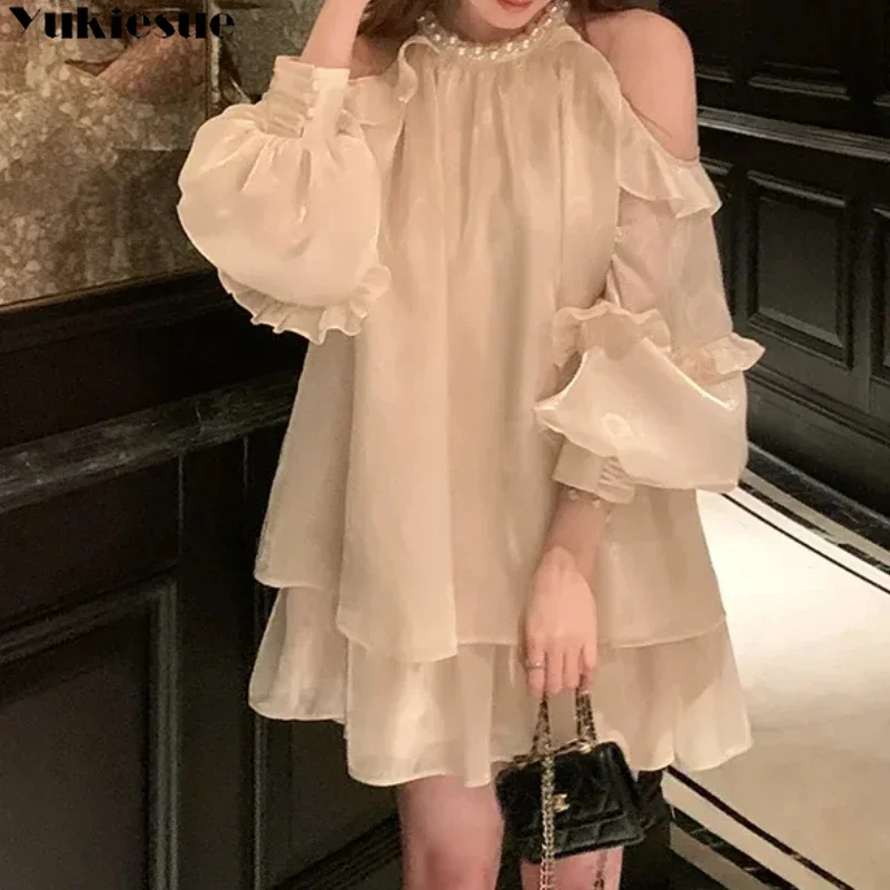 Robes en mousseline de soie pour femmes, nouveau style français, couleur unie, mode sexy, épaules dénudées, manches longues bouffantes, volants, robe simple, été 2023