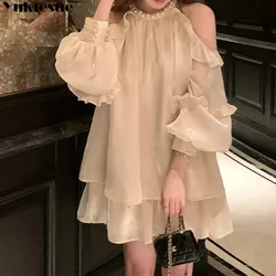 Women Chiffon Dresses 2023 Summer New French Style  Solid Fashion Sexy Off-the-shoulder Long Puff Sleeve Ruffles Simple Dress