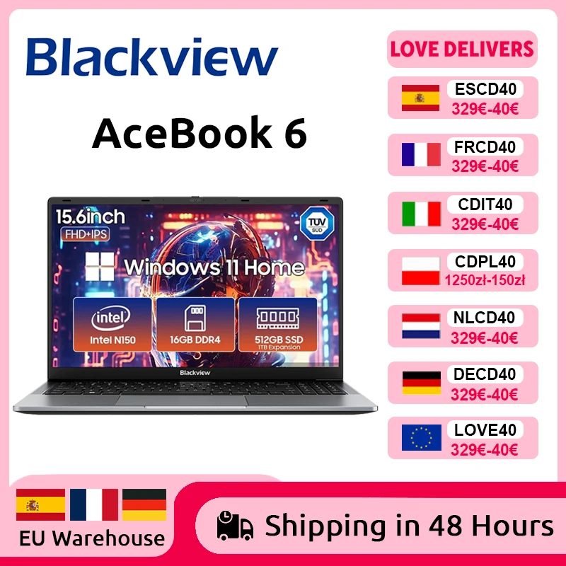Laptop Blackview AceBook 6 15,6'' Ekran FHD+ IPS Intel Twin Lake N150 CPU 16GB DDR4 512GB SSD 36Wh Bateria Windows 11 Notebook