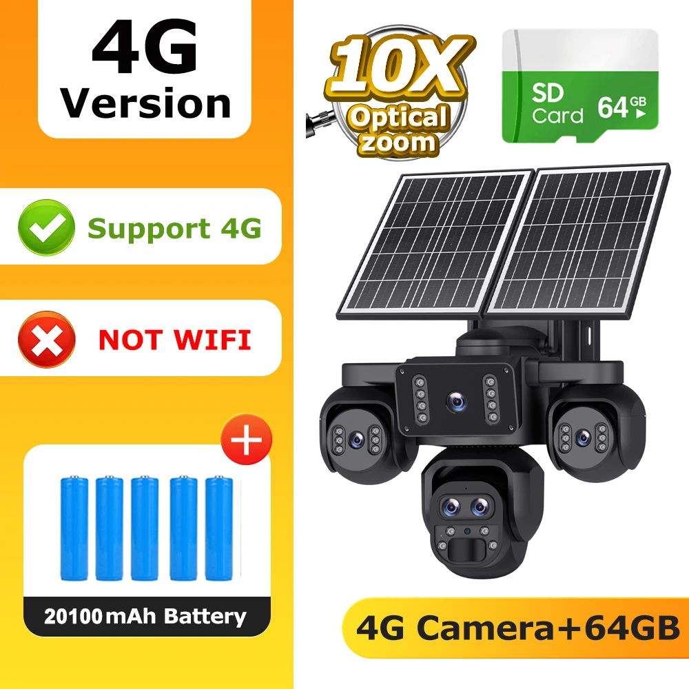 SHIWOJIA 20MP 10X ZOOM Camera Solar 4G SIM 5 Lenzen 4 Schermen Beveiliging 360° °   Automatische tracking-systemen voor thuisbewaking