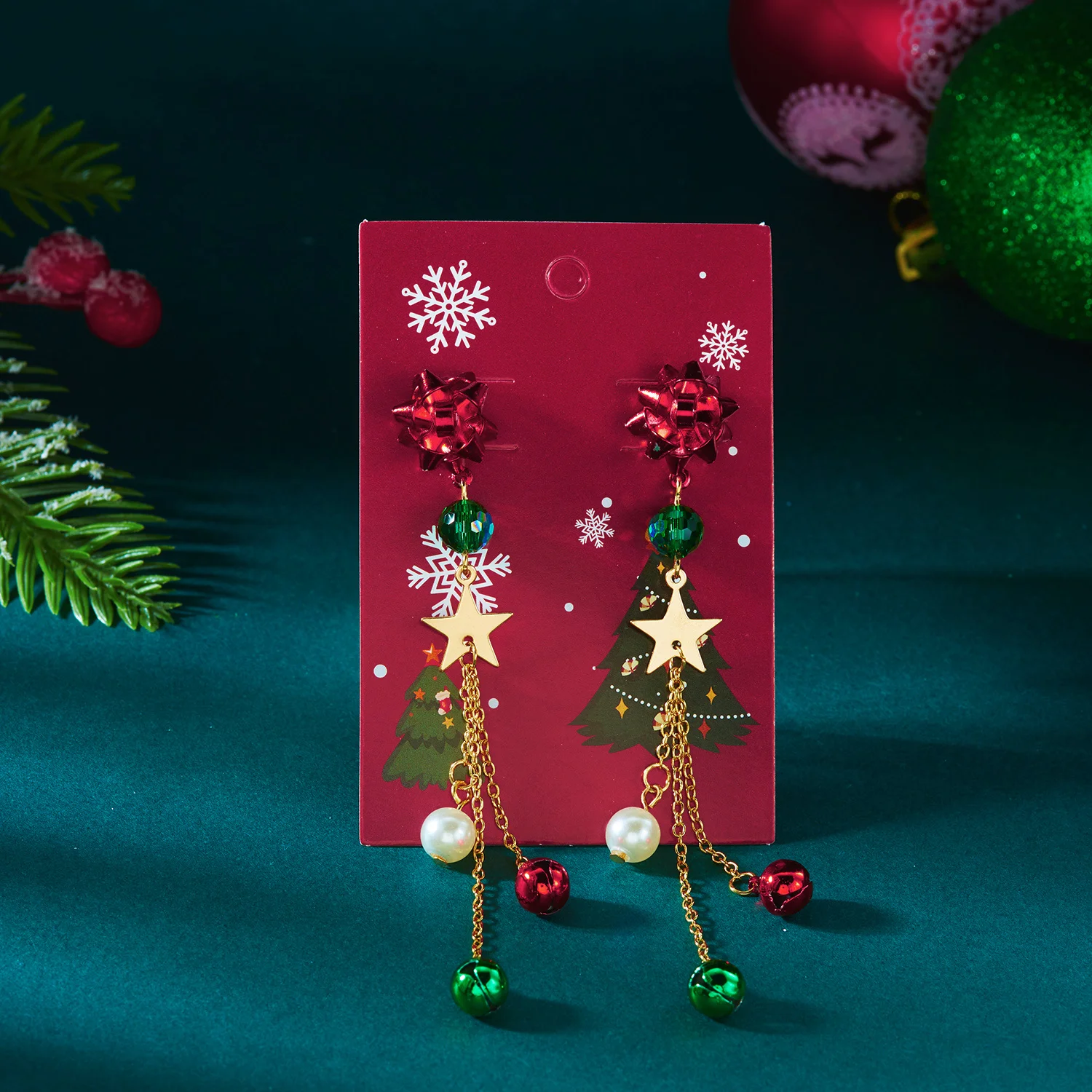 Frohe Weihnachten Perlenblumen-Stern-Glocken-Ohrringe mit Langen Quasten für Damen, Glänzende Kristall-Zirkon-Schneeflocken-Ohrringe Schmuck – Detail 2