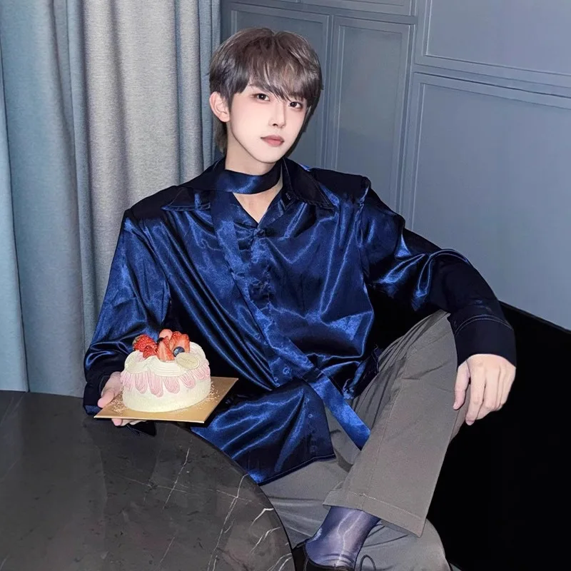 2026 Men Burgundy Satin Long Sleeve Shirt Padded Shoulder With Ribbon Detail High Grade Chic Handsome Loose Button Up Outerwear