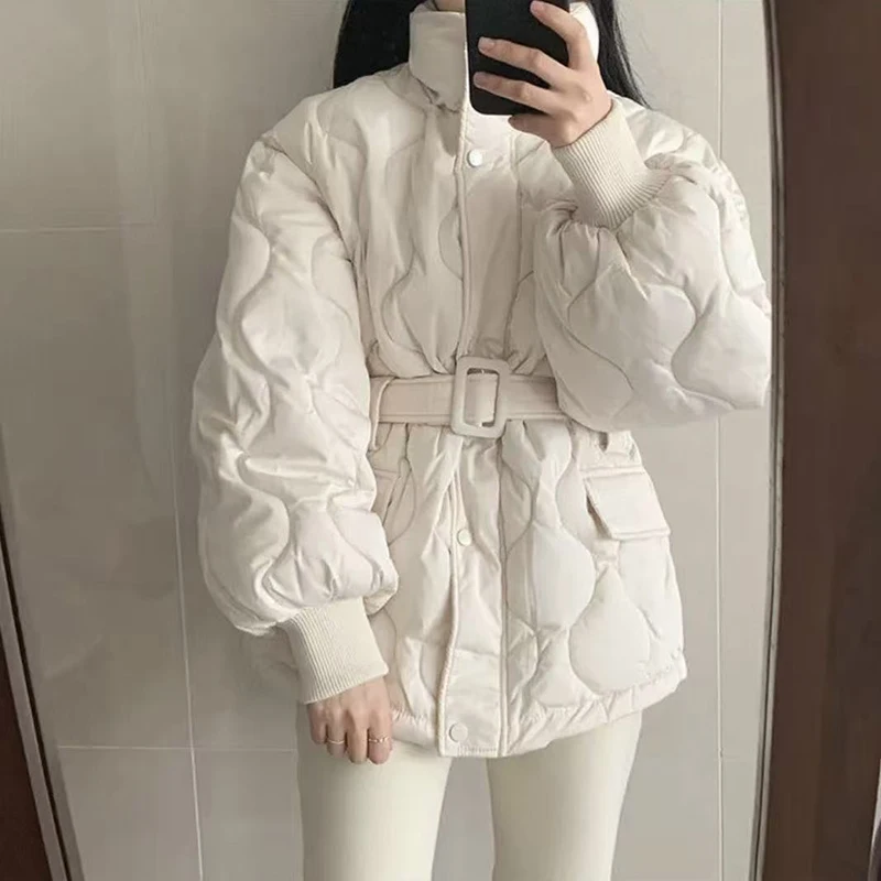 

Женское модное пуховое хлопковое стеганое пальто с поясом, тонкий воротник-стойка, пальто с длинными рукавами и карманами, зимняя женская утепленная лыжная куртка