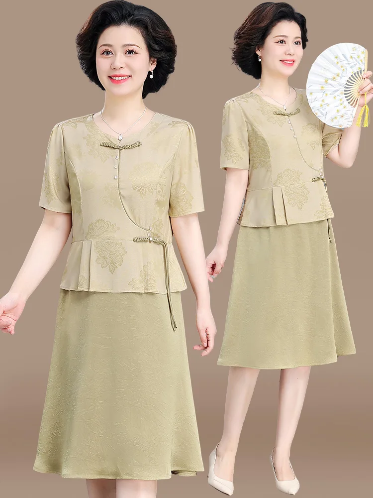 

New Chinese Style Mom Summer Dress Midi Skirt Short Sleeve Chiffon Loose Fit Fashionable Mid-Aged Women's Clothing