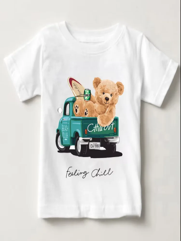 Cute  Bear Riding Car Print Boys And Girls White T-shirt Children's Summer Harajuku  Funny Baby  Clothes Children Tops