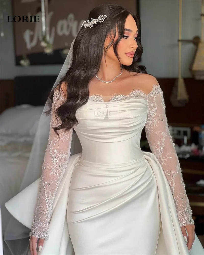 LORIE vestido de novia de sirena de marfil, hombros descubiertos, encaje, manga larga, vestidos de novia de princesa