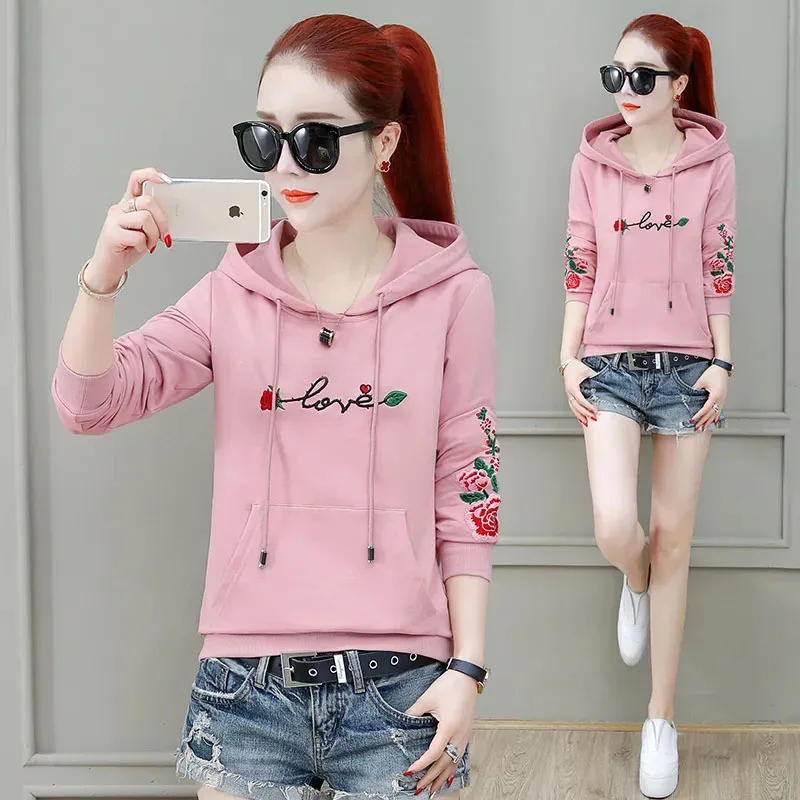 Loose Hooded Sweatshirt Women\'s Long Sleeve Autumn 2023 New Letter Embroidered Fashion Pullover Korean Versatile Short Jacket