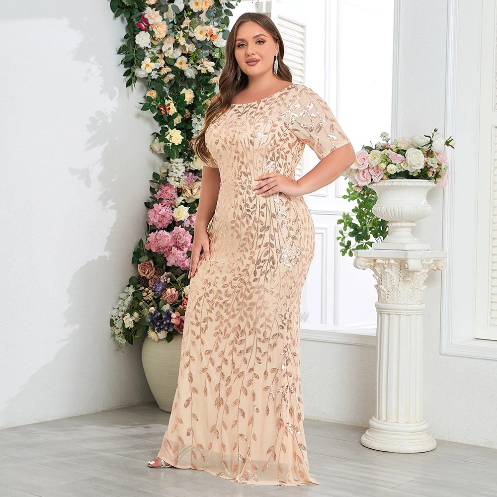 Robe de soirée de forme sirène, grande taille, dorée, col rond, manches courtes, paillettes brodées, robe de fête d'anniversaire, nouvelle collection 2025