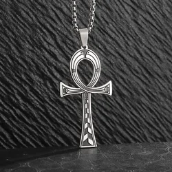 Ancient Egyptian Cross Life Key Pendant Necklace Retro Pharaoh Patron Saint Amulet Stainless Steel Jewelry for Men and Women
