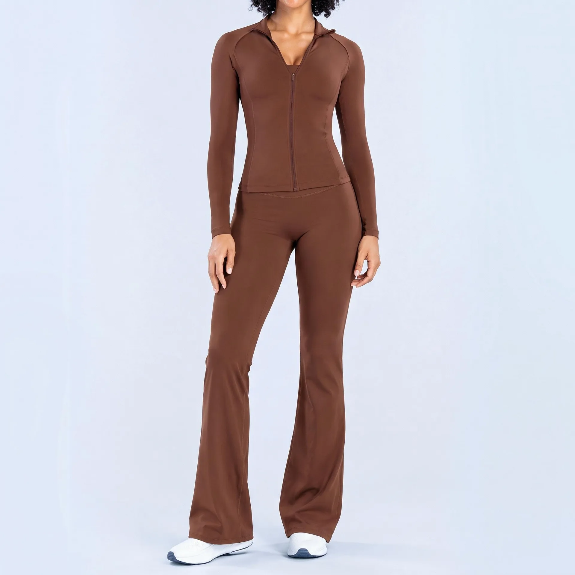 2 piece Vision Flares Standing collar zipper yoga pants set - Women's high-waisted slimming fitness wide-leg pants set