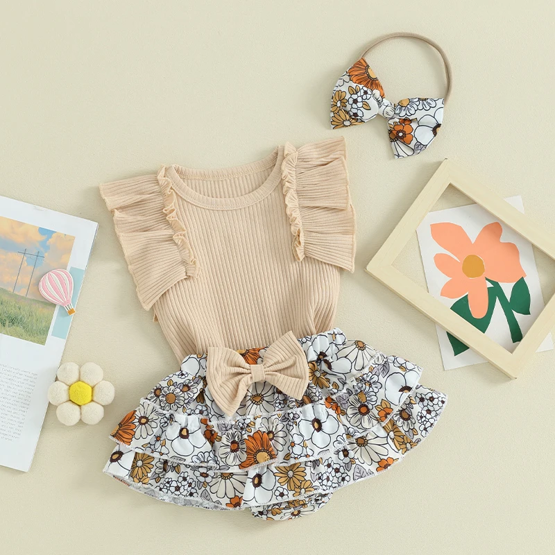 

Newborn Baby Girl Summer Clothes Ruffle Sleeveless Ribbed Romper Bowknot Floral Dress Headband Spring Outfits