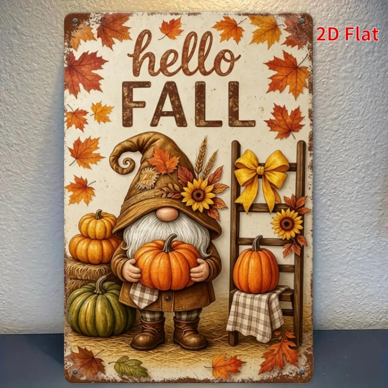 2D Flat Aluminum Wall Plaque 8x12inch, Vintage Hello Fall Gnome Pumpkin Harvest Farmhouse Metal Sign