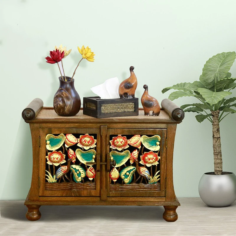 

Thai Solid Wood Low Cabinet TV Cabinet Rattan Carved Living Room Decorative Cabinet Southeast Asian Style Thai Pumpkin Flower