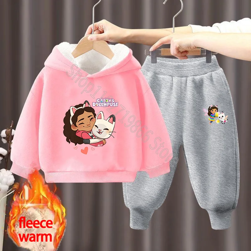 Gabby Dollhouse Child Fleece Hooded Sweatshirt Pants Set Warm Comfortable Cartoon Anime Graphic Print Kids Winter Clothes Gifts