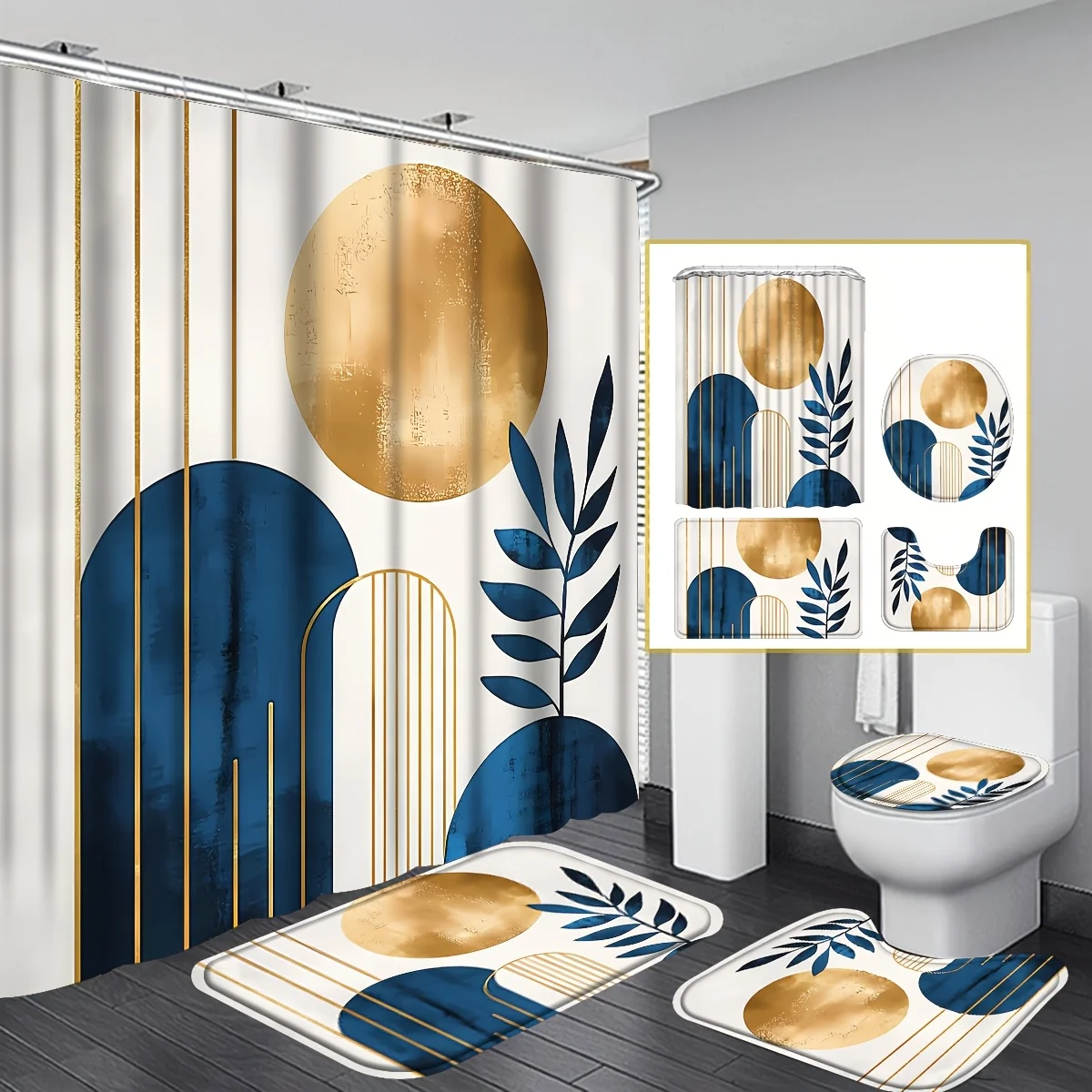 

Душевой набор в стиле бохо из 4 предметов: 12 крючков, коврик, подушка для сиденья. Абстрактная середина века, дизайн листовой арки. Декор ванной комнаты.