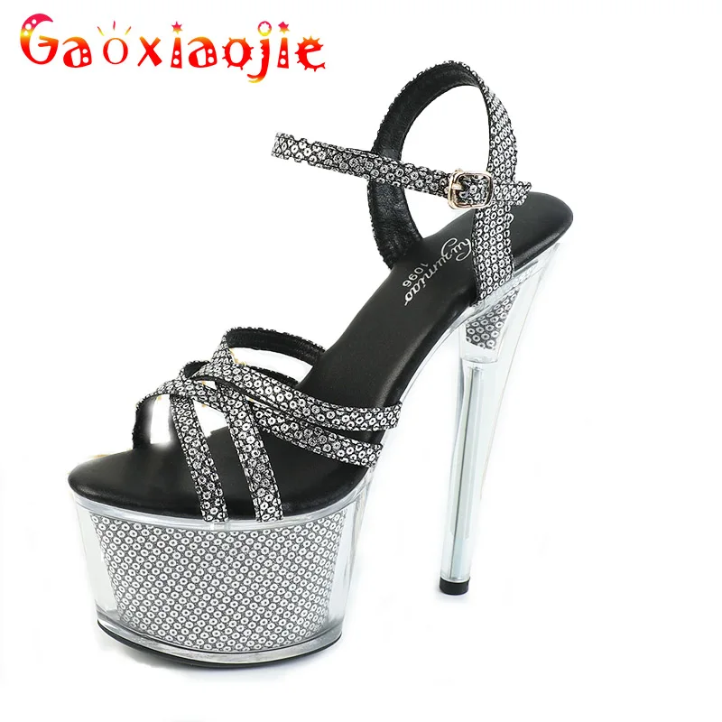 

gaoxiaojie Womens Sexy Thin Band High Heels 17CM Nightclub Sandals Pole Dancing Shoes Crystal Platform Stilettos Summer New 2023