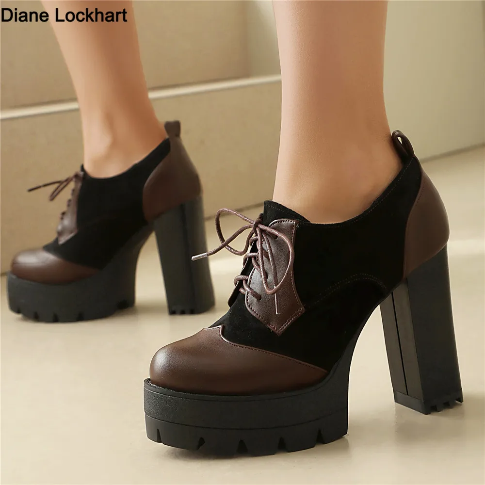 

Spring Autumn Women Pumps Vintage Brogue Lace-up Platform Black Chunky 11CM High Heels Dress Party Dance Hoof Heel Size 36-46
