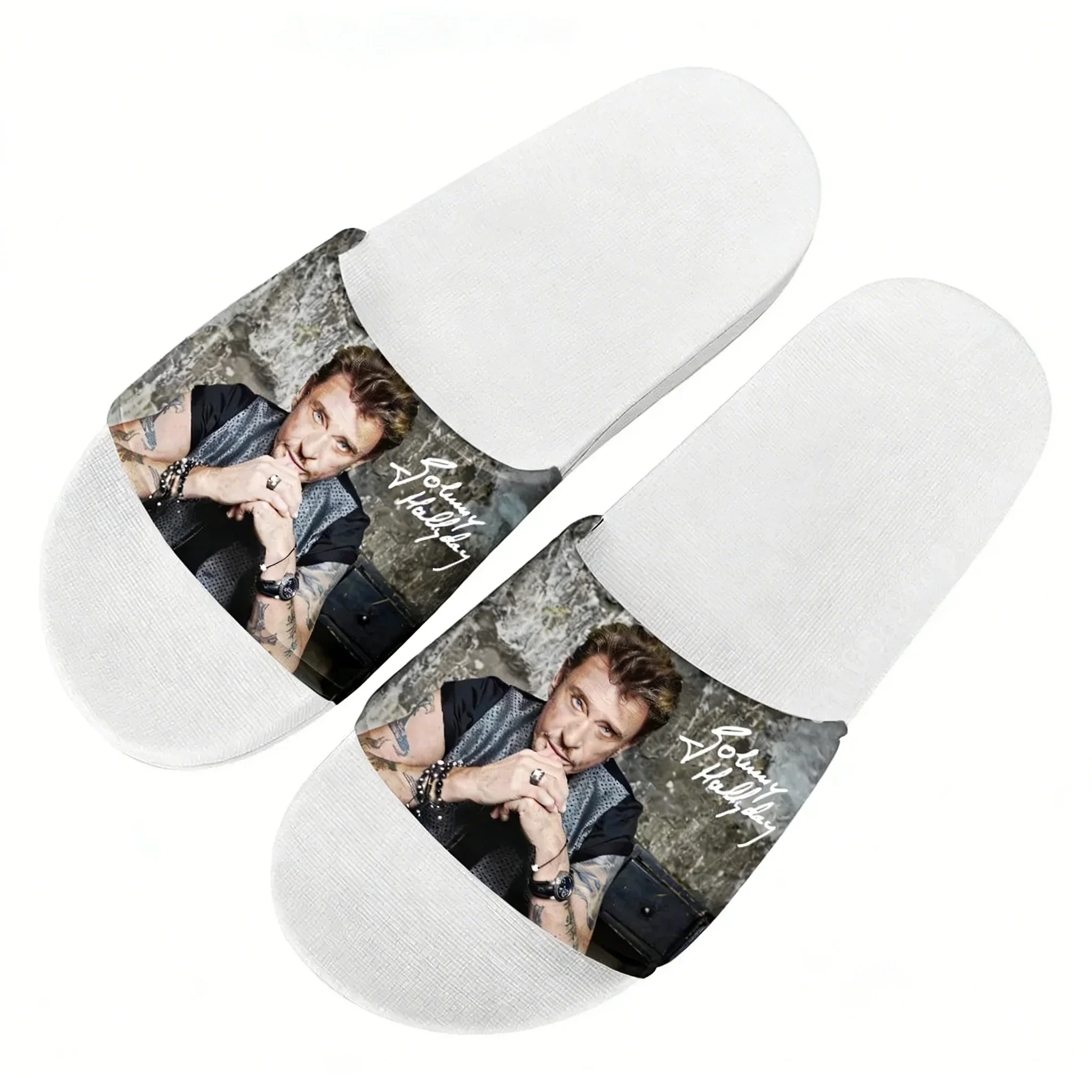 Johnny Hallyday Slippers Man Woman Boy Girl Tailor Made Slides Sandals Photo Text Customized Bath Shoes Water Shoe White view 3