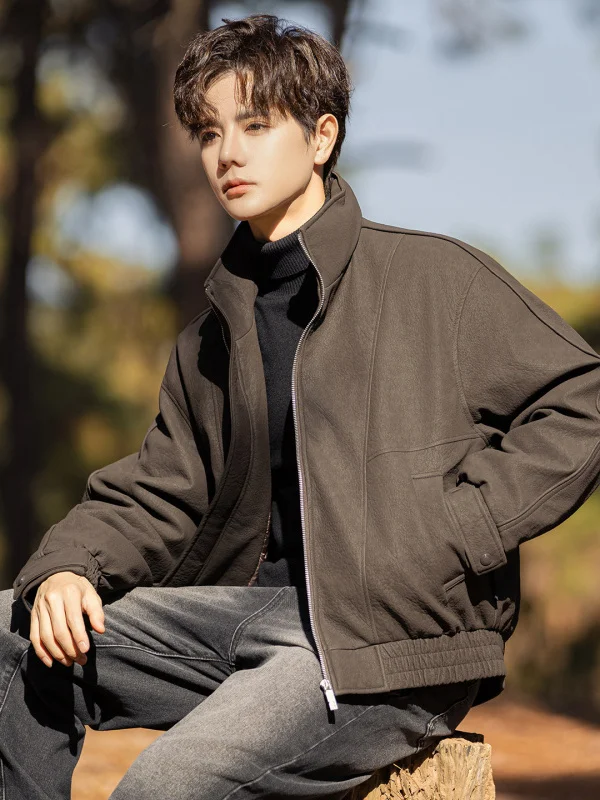 

Мужская короткая пуховая куртка с 90% белым утиным пухом, кожаная, теплая, водонепроницаемая, для активного отдыха, повседневная, модная, с воротником-стойкой, свободного кроя