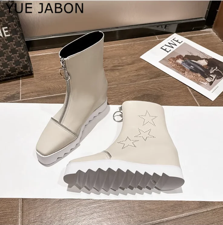 White Autumn High Platform Sneakers Height Increasing Women Thick Sole Ankle Boots Real Leather Wedge Winter Casual Stars Shoes