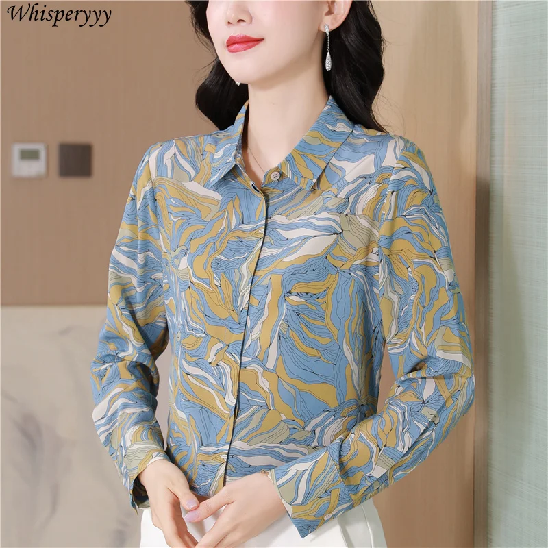 Retro Printing Long-sleeved Blouse for Women 2025 Spring Medium and Long Turn-down Collar Tops Chemise Femme Button Shirt