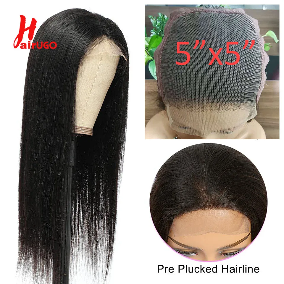 HairUGo-Perruque Lace Closure Wig Naturelle, Cheveux Lisses, 5x5, avec Baby Hair, Transparent, pour Femme