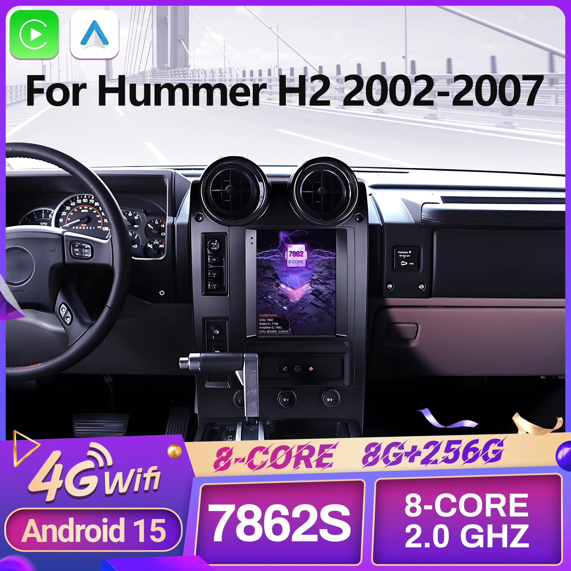 

9,7-дюймовое Android 15 мультимедийное навигационное устройство для Hummer H2 2002-2007: автомобильное радио, 4G GPS, беспроводной Carplay, экран, стереосистема